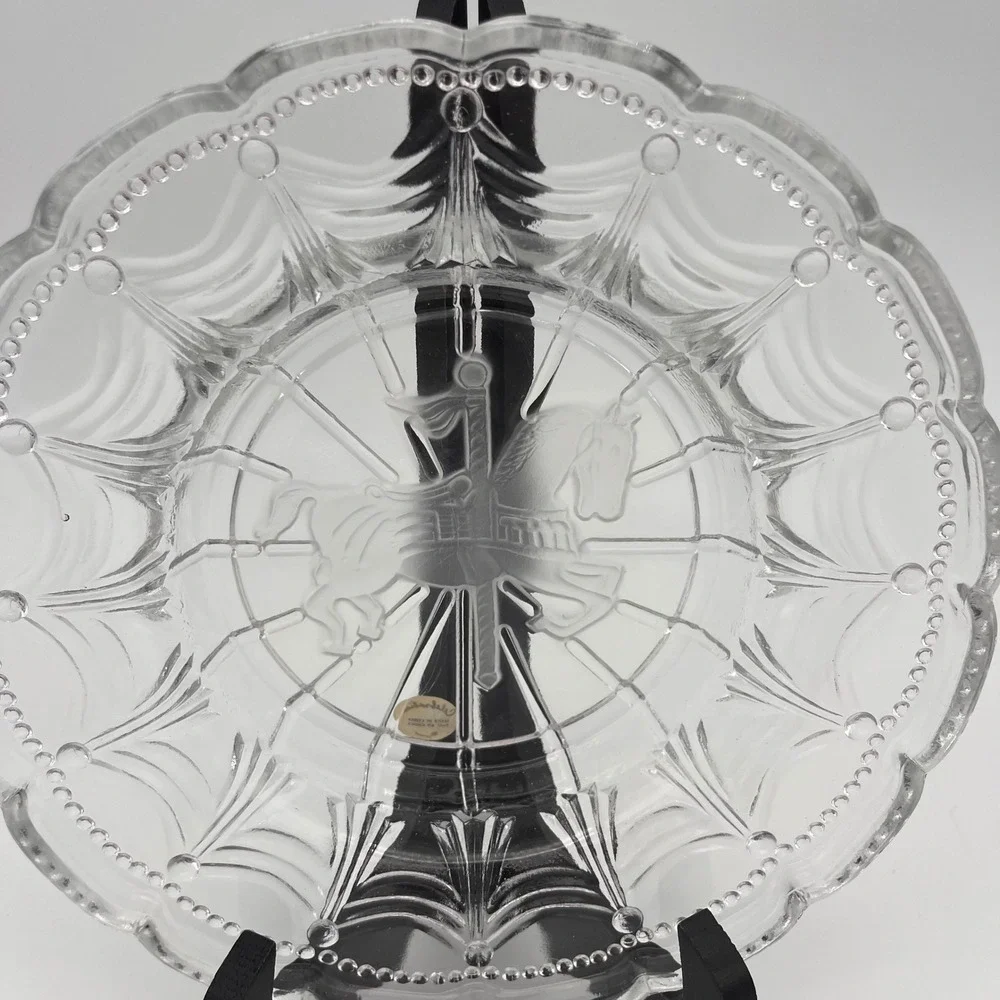 Vintage Clear Frosted Glass Carousel Horse Scalloped Beaded Bowl 8 inch